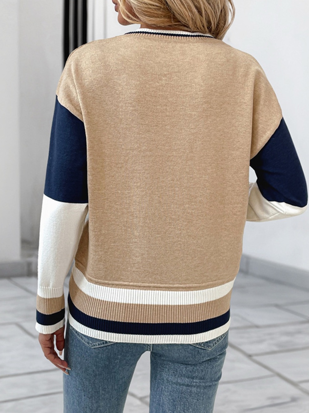 Color Block Round Neck Sweater with Ribbed Trim - Picture 5 of 10